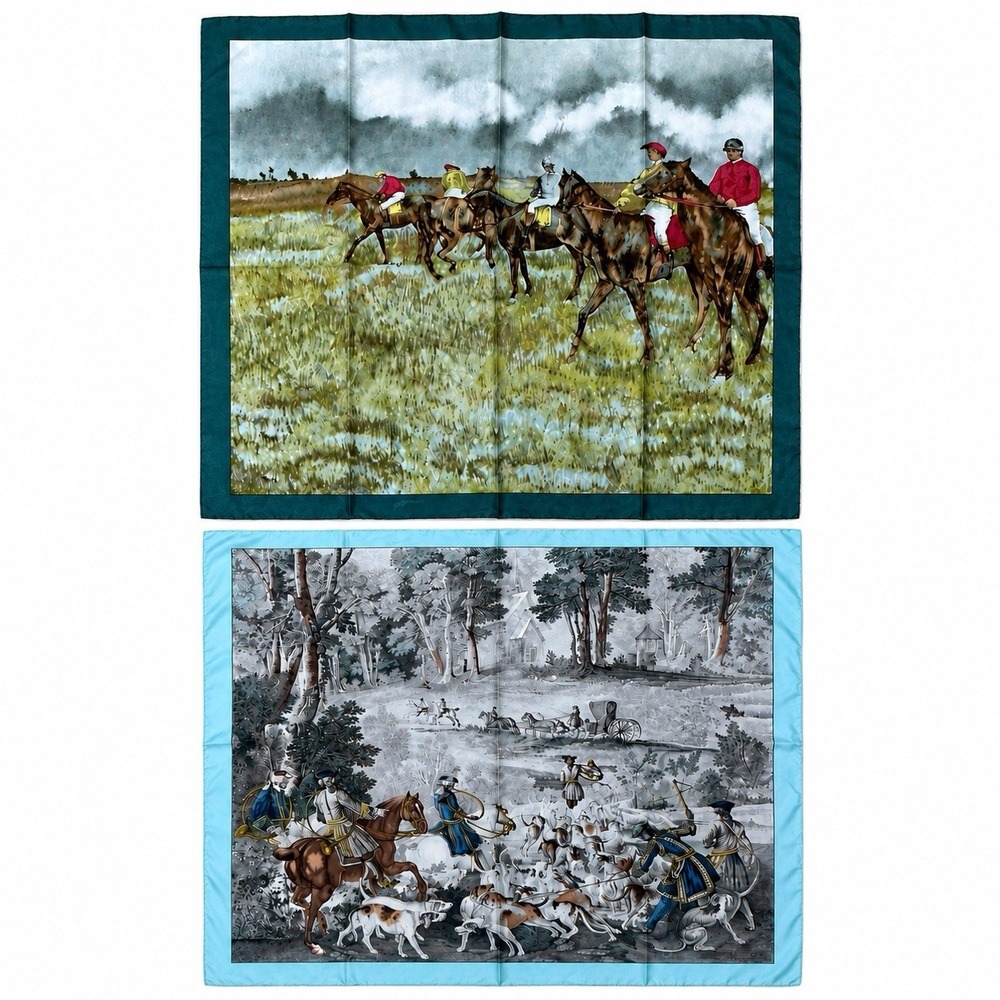 Vintage Edgar Degas Equestrian Art Silk Scarf Set of 2 Hand Rolled 30" Hunting